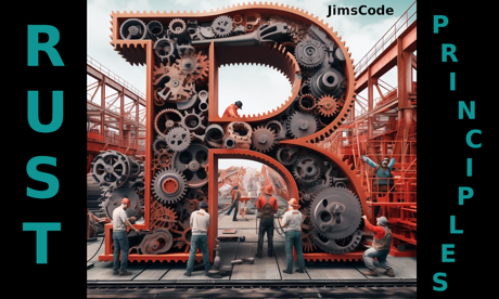 One story tall letter R filled with gears and cogs, surrounded by engineers working.